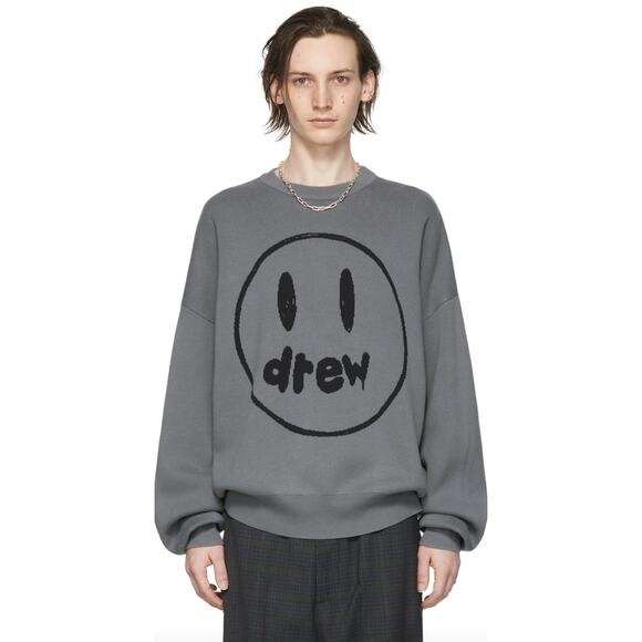 Drew House Men's Gray Painted Mascot Crewneck Sweater Size XXL Smiley Face - Picture 1 of 11